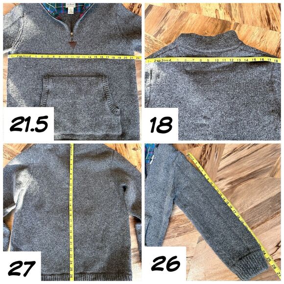 L.L. Bean Lambswool Quarter Zip Sweater Gray Plaid Collar Kangaroo Pocket - Picture 11 of 13